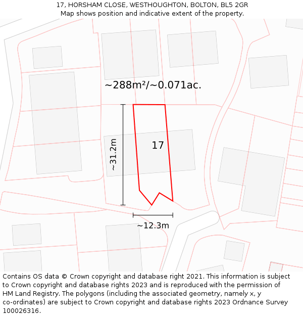 17, HORSHAM CLOSE, WESTHOUGHTON, BOLTON, BL5 2GR: Plot and title map