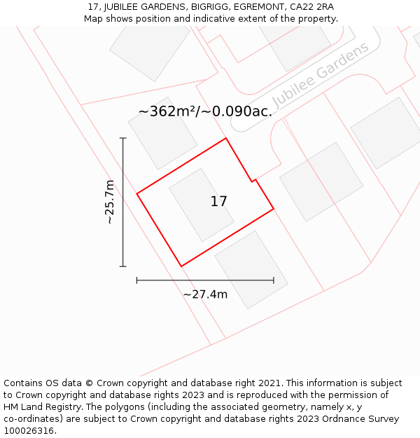 17, JUBILEE GARDENS, BIGRIGG, EGREMONT, CA22 2RA: Plot and title map