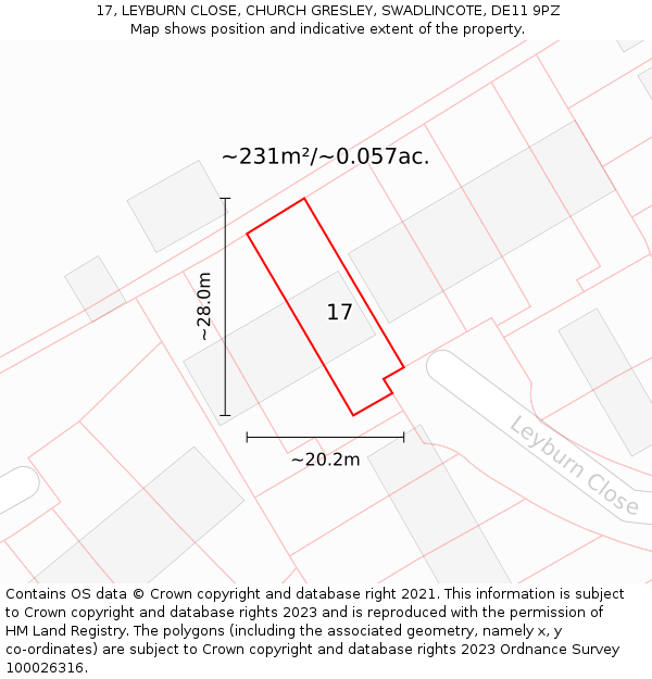 17, LEYBURN CLOSE, CHURCH GRESLEY, SWADLINCOTE, DE11 9PZ: Plot and title map