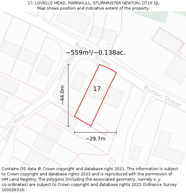 17, LOVELLS MEAD, MARNHULL, STURMINSTER NEWTON, DT10 1JL: Plot and title map