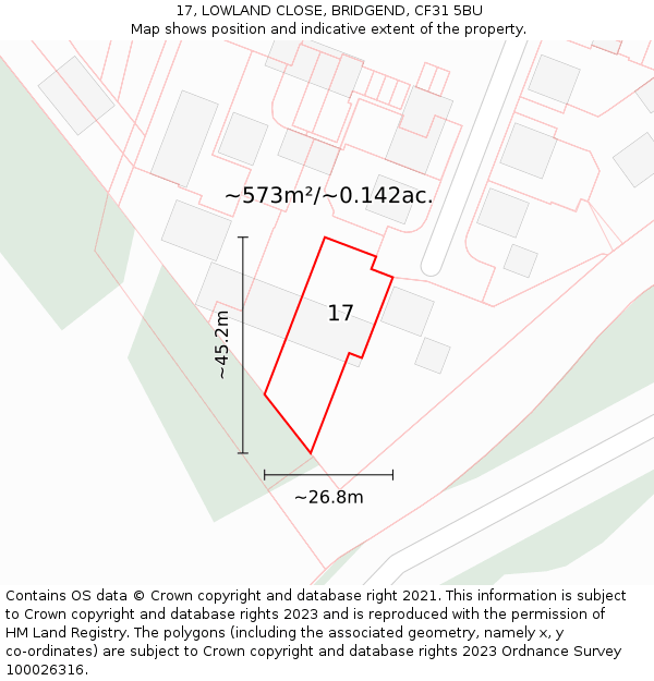 17, LOWLAND CLOSE, BRIDGEND, CF31 5BU: Plot and title map