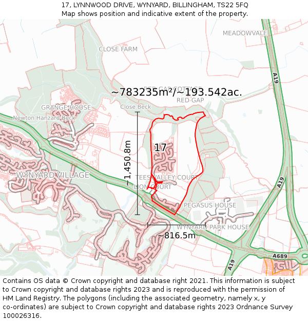 17, LYNNWOOD DRIVE, WYNYARD, BILLINGHAM, TS22 5FQ: Plot and title map