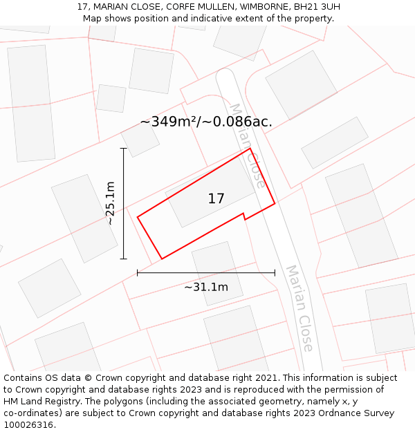 17, MARIAN CLOSE, CORFE MULLEN, WIMBORNE, BH21 3UH: Plot and title map