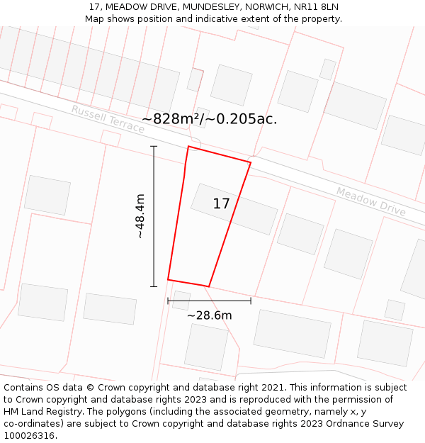 17, MEADOW DRIVE, MUNDESLEY, NORWICH, NR11 8LN: Plot and title map