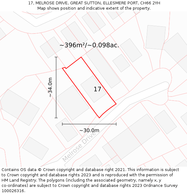 17, MELROSE DRIVE, GREAT SUTTON, ELLESMERE PORT, CH66 2YH: Plot and title map