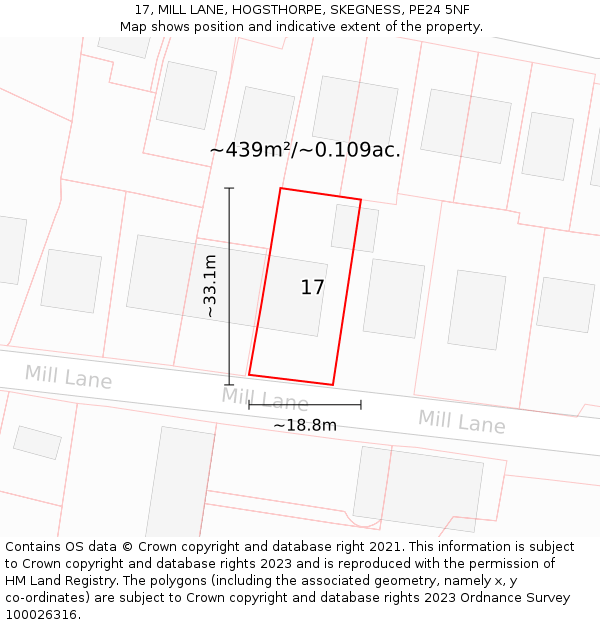 17, MILL LANE, HOGSTHORPE, SKEGNESS, PE24 5NF: Plot and title map