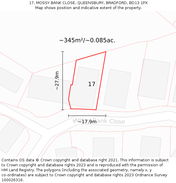 17, MOSSY BANK CLOSE, QUEENSBURY, BRADFORD, BD13 1PX: Plot and title map