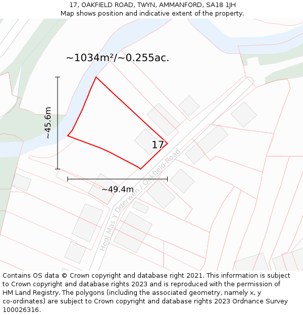 17, OAKFIELD ROAD, TWYN, AMMANFORD, SA18 1JH: Plot and title map