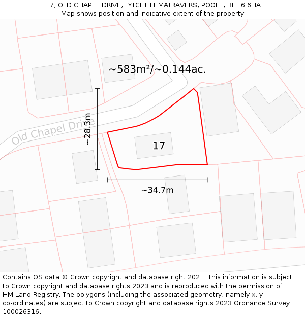 17, OLD CHAPEL DRIVE, LYTCHETT MATRAVERS, POOLE, BH16 6HA: Plot and title map