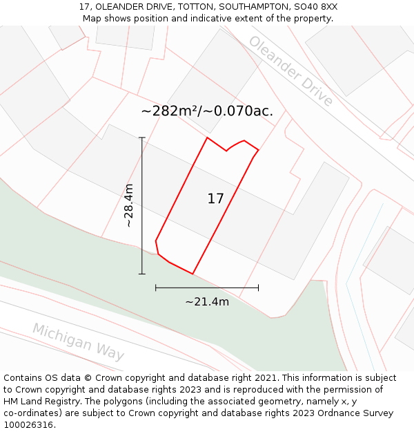 17, OLEANDER DRIVE, TOTTON, SOUTHAMPTON, SO40 8XX: Plot and title map