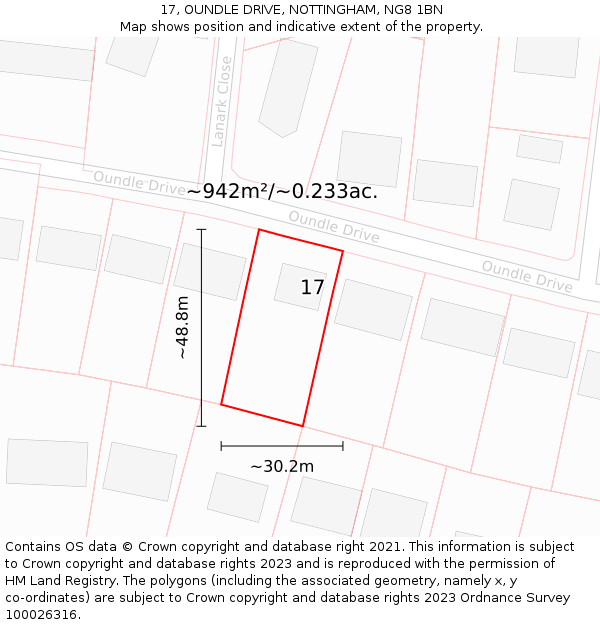 17, OUNDLE DRIVE, NOTTINGHAM, NG8 1BN: Plot and title map