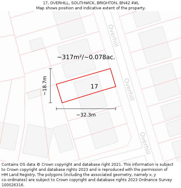 17, OVERHILL, SOUTHWICK, BRIGHTON, BN42 4WL: Plot and title map