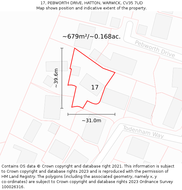 17, PEBWORTH DRIVE, HATTON, WARWICK, CV35 7UD: Plot and title map