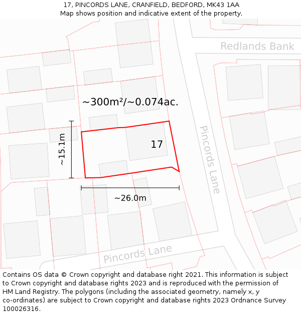 17, PINCORDS LANE, CRANFIELD, BEDFORD, MK43 1AA: Plot and title map