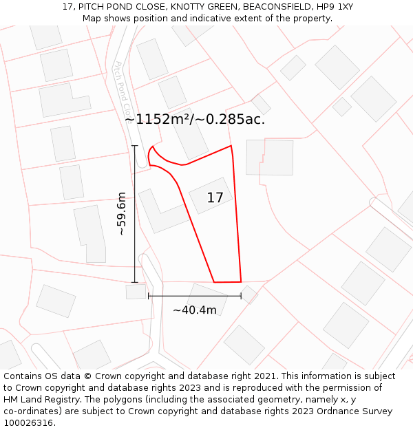 17, PITCH POND CLOSE, KNOTTY GREEN, BEACONSFIELD, HP9 1XY: Plot and title map