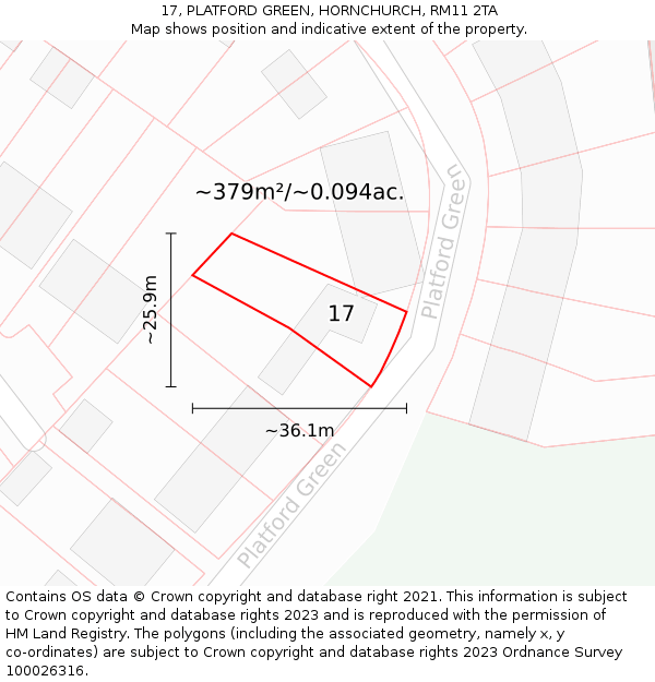 17, PLATFORD GREEN, HORNCHURCH, RM11 2TA: Plot and title map