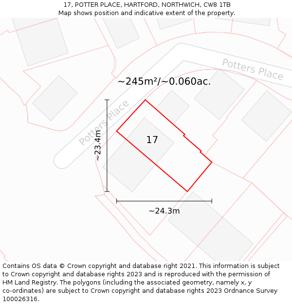 17, POTTER PLACE, HARTFORD, NORTHWICH, CW8 1TB: Plot and title map