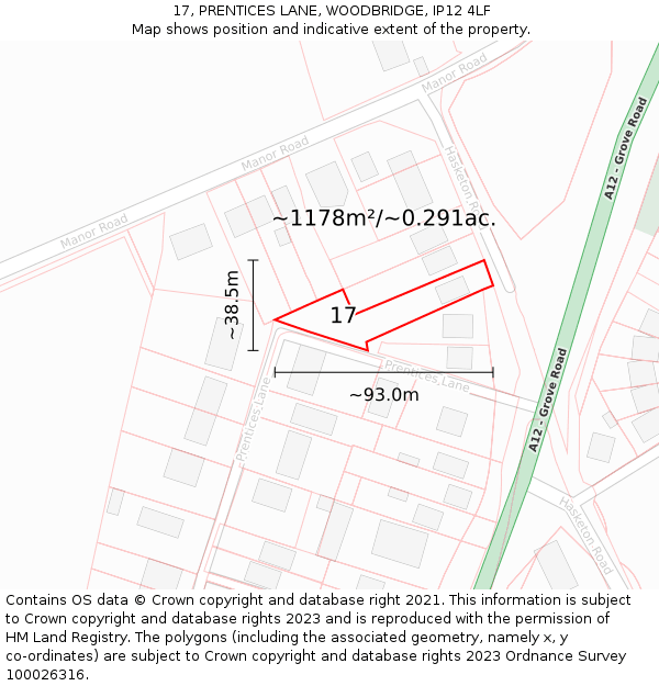 17, PRENTICES LANE, WOODBRIDGE, IP12 4LF: Plot and title map