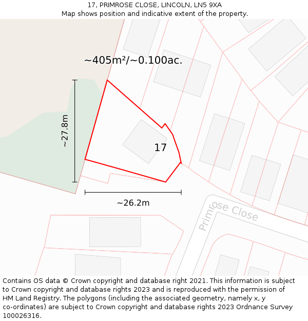 17, PRIMROSE CLOSE, LINCOLN, LN5 9XA: Plot and title map