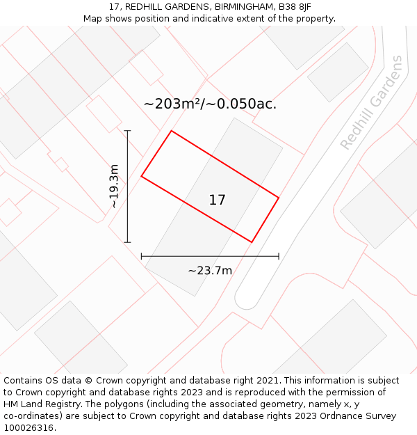 17, REDHILL GARDENS, BIRMINGHAM, B38 8JF: Plot and title map