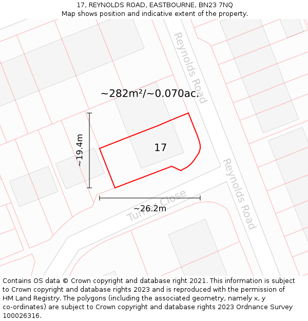 17, REYNOLDS ROAD, EASTBOURNE, BN23 7NQ: Plot and title map