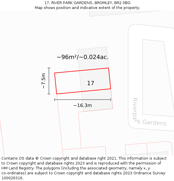 17, RIVER PARK GARDENS, BROMLEY, BR2 0BG: Plot and title map