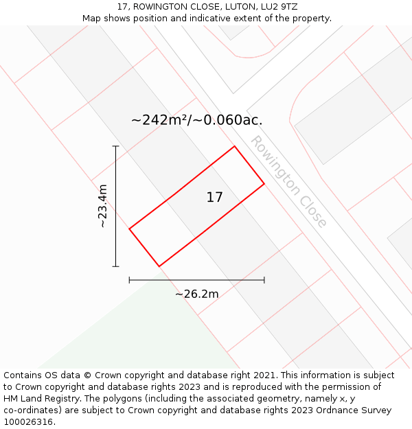 17, ROWINGTON CLOSE, LUTON, LU2 9TZ: Plot and title map