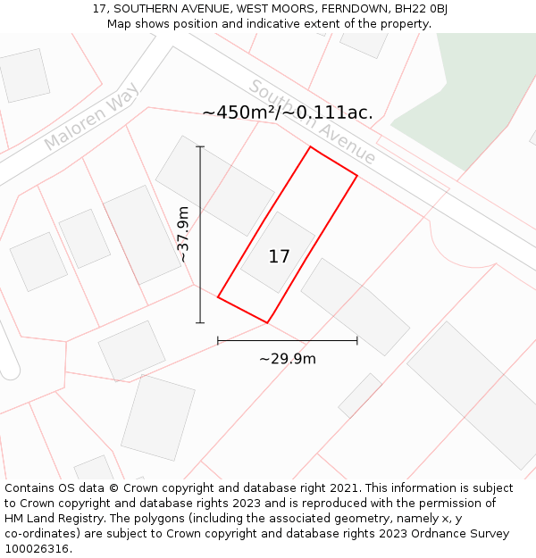 17, SOUTHERN AVENUE, WEST MOORS, FERNDOWN, BH22 0BJ: Plot and title map