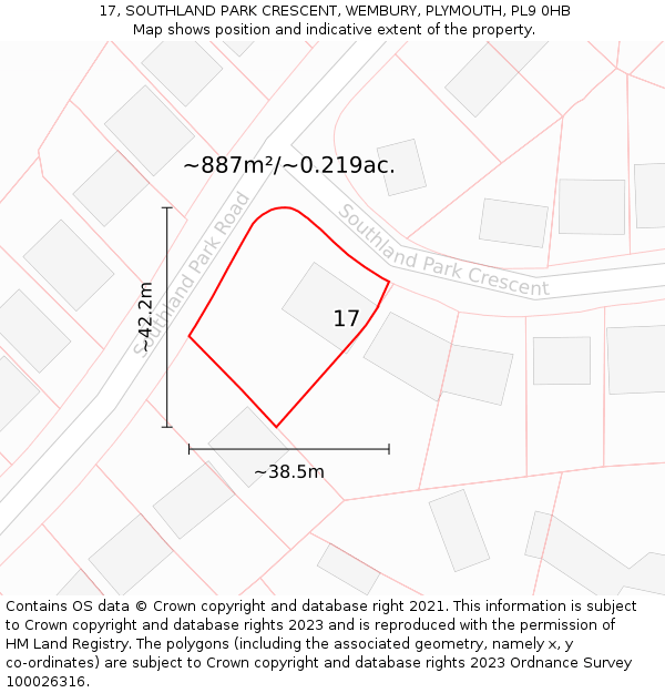 17, SOUTHLAND PARK CRESCENT, WEMBURY, PLYMOUTH, PL9 0HB: Plot and title map