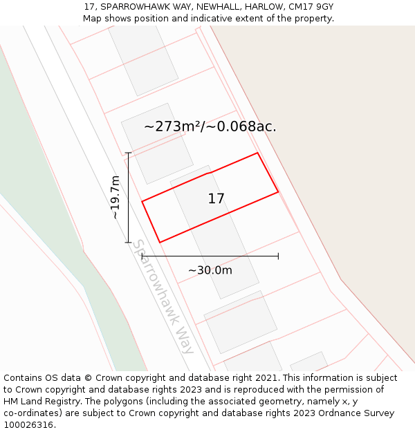 17, SPARROWHAWK WAY, NEWHALL, HARLOW, CM17 9GY: Plot and title map