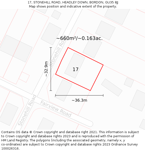 17, STONEHILL ROAD, HEADLEY DOWN, BORDON, GU35 8JJ: Plot and title map