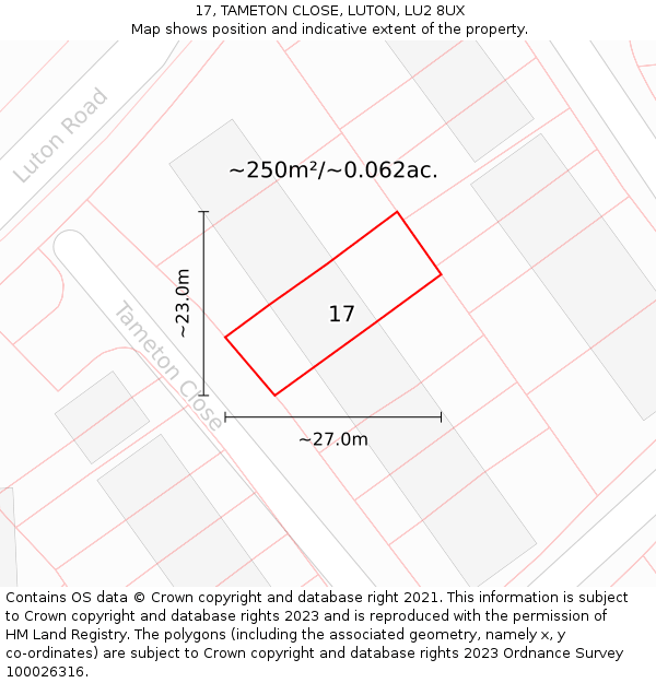 17, TAMETON CLOSE, LUTON, LU2 8UX: Plot and title map