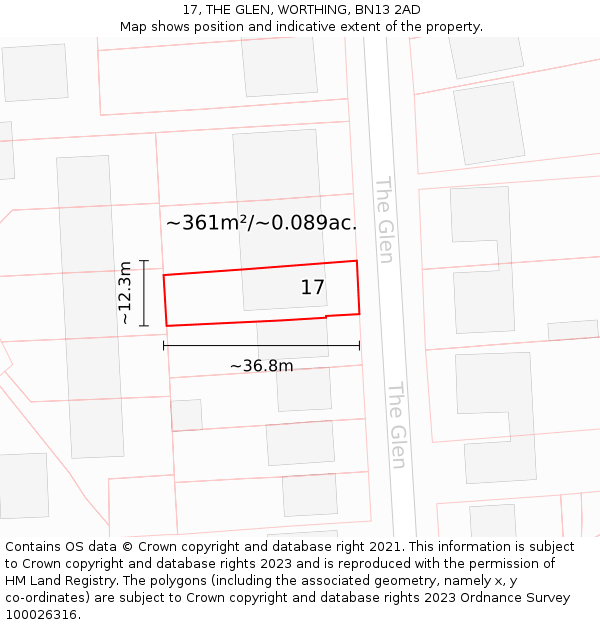 17, THE GLEN, WORTHING, BN13 2AD: Plot and title map