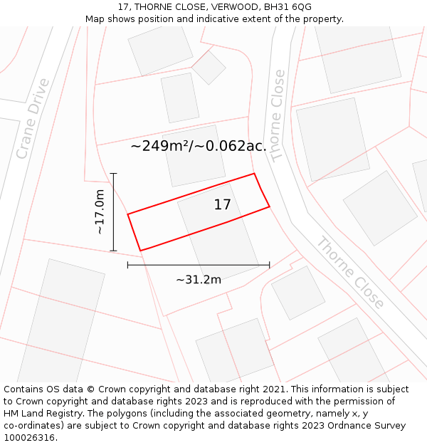 17, THORNE CLOSE, VERWOOD, BH31 6QG: Plot and title map