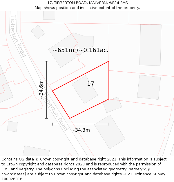 17, TIBBERTON ROAD, MALVERN, WR14 3AS: Plot and title map