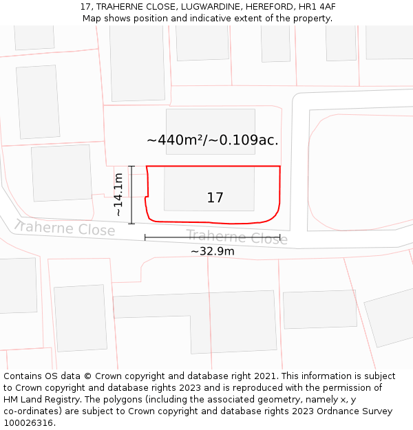 17, TRAHERNE CLOSE, LUGWARDINE, HEREFORD, HR1 4AF: Plot and title map