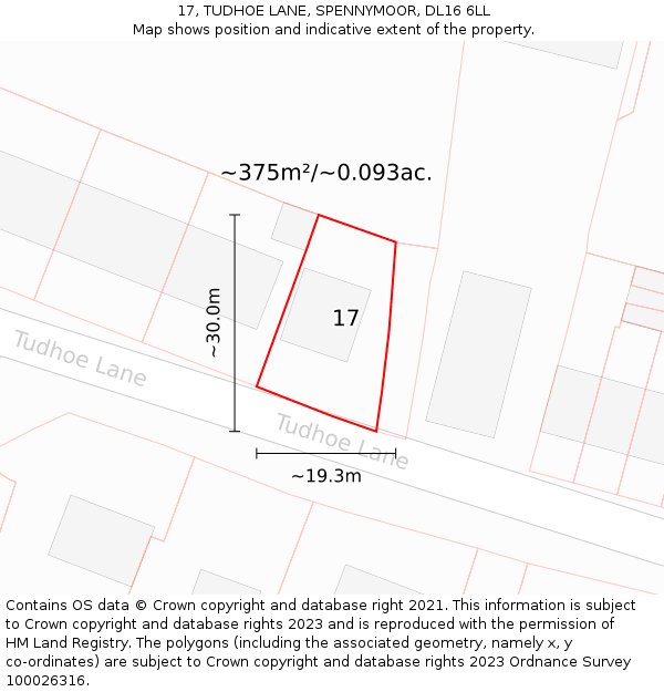 17, TUDHOE LANE, SPENNYMOOR, DL16 6LL: Plot and title map