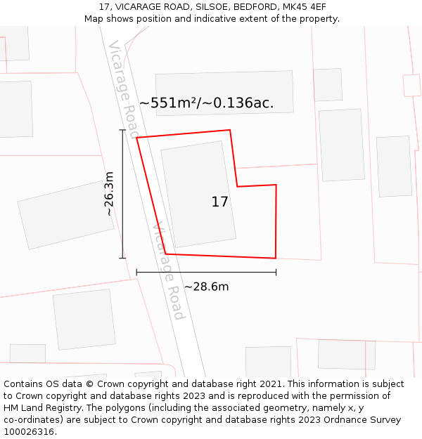 17, VICARAGE ROAD, SILSOE, BEDFORD, MK45 4EF: Plot and title map