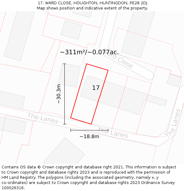 17, WARD CLOSE, HOUGHTON, HUNTINGDON, PE28 2DJ: Plot and title map