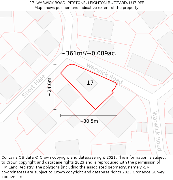 17, WARWICK ROAD, PITSTONE, LEIGHTON BUZZARD, LU7 9FE: Plot and title map