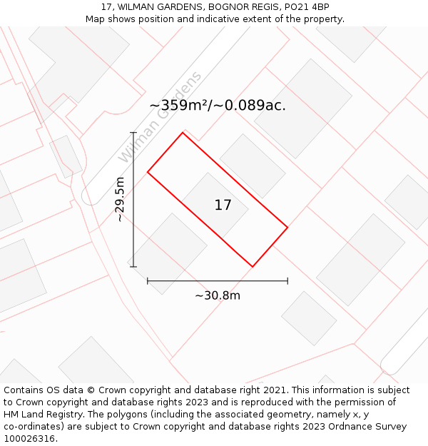 17, WILMAN GARDENS, BOGNOR REGIS, PO21 4BP: Plot and title map