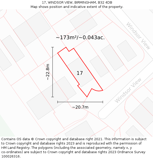 17, WINDSOR VIEW, BIRMINGHAM, B32 4DB: Plot and title map