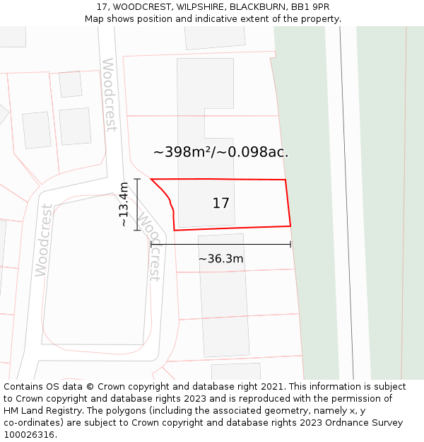 17, WOODCREST, WILPSHIRE, BLACKBURN, BB1 9PR: Plot and title map