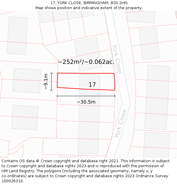 17, YORK CLOSE, BIRMINGHAM, B30 2HN: Plot and title map