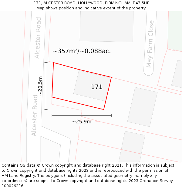 171, ALCESTER ROAD, HOLLYWOOD, BIRMINGHAM, B47 5HE: Plot and title map