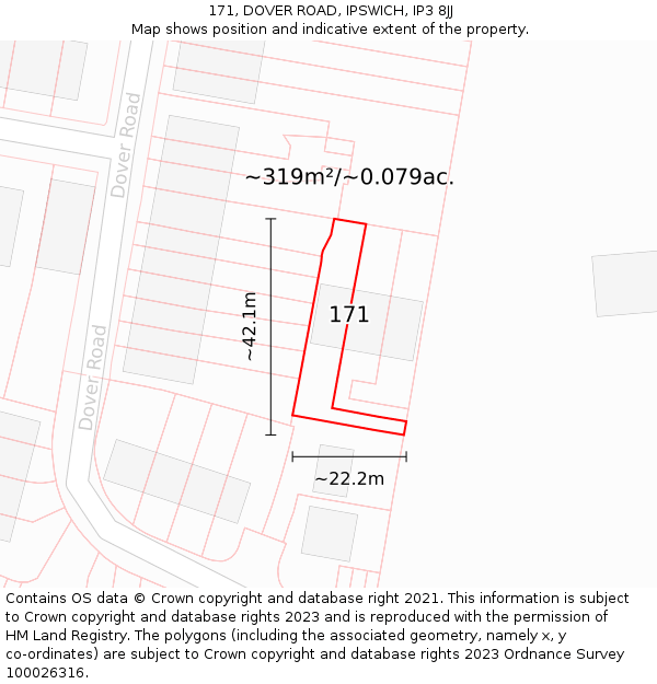 171, DOVER ROAD, IPSWICH, IP3 8JJ: Plot and title map