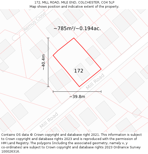 172, MILL ROAD, MILE END, COLCHESTER, CO4 5LP: Plot and title map