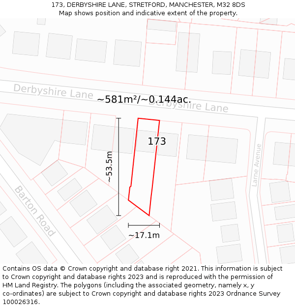 173, DERBYSHIRE LANE, STRETFORD, MANCHESTER, M32 8DS: Plot and title map