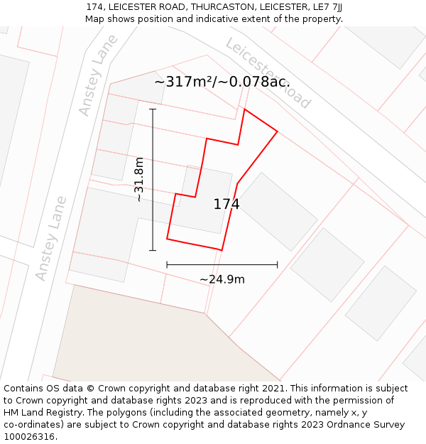 174, LEICESTER ROAD, THURCASTON, LEICESTER, LE7 7JJ: Plot and title map