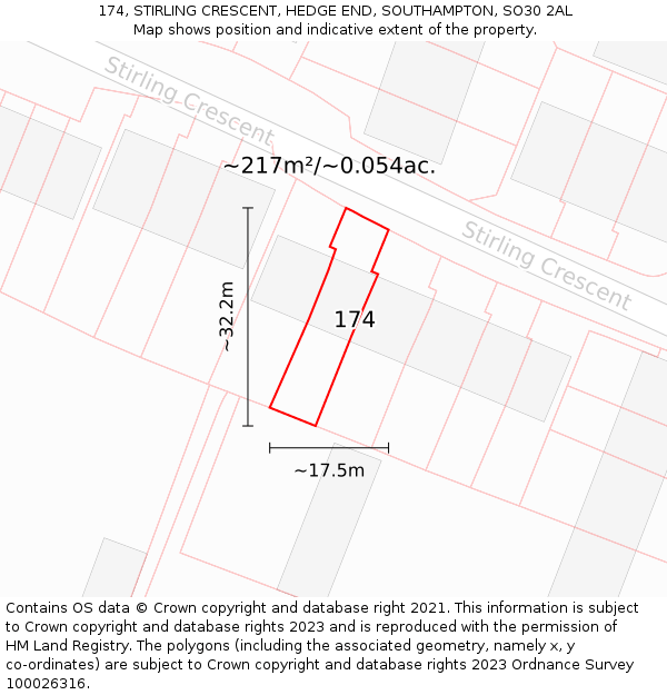 174, STIRLING CRESCENT, HEDGE END, SOUTHAMPTON, SO30 2AL: Plot and title map